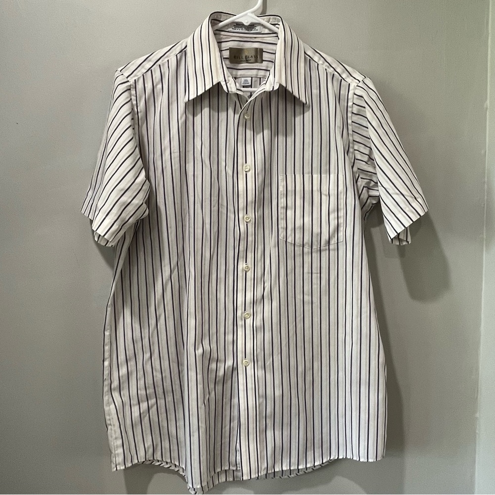 Bill Blass Men’s Short Sleeve Shirt Button Down Stripe 15 1/2 Wrinkle Free White